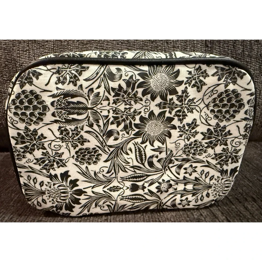 Bella Russo Makeup Bag  Black White Floral Design Zipper Closure Handle Charms